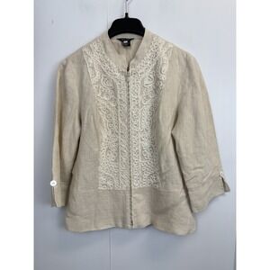 Multiples Linen‎ Blazer Womens Size L Full Zip Embroidered Jacket 3/4 Sleeve